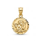 A round gold pendant featuring a detailed relief of a cherub with wings, set against a clean white background.