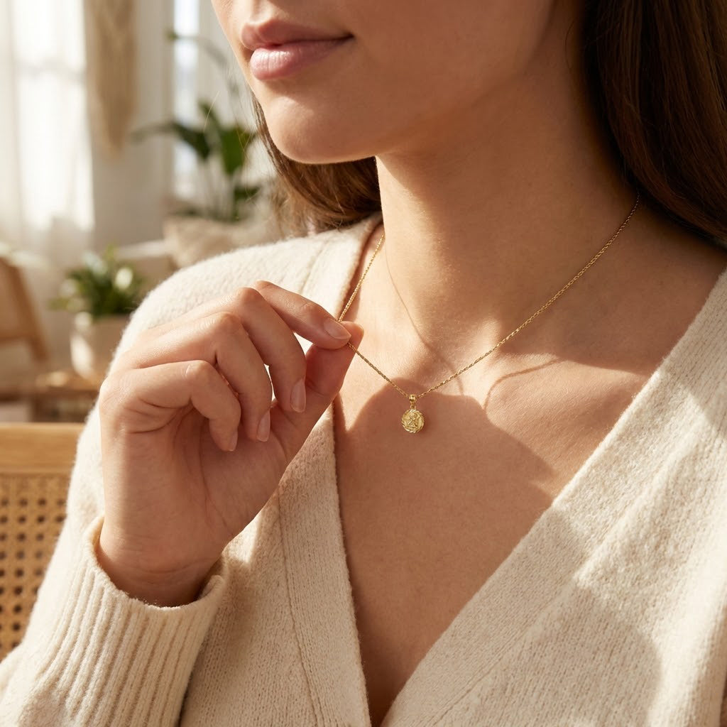 A close-up lifestyle shot of a woman wearing a delicate gold necklace with a small textured pendant, styled with a cream-colored knit cardigan in a softly lit indoor setting.