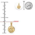 Gold pendant shown on a white background with measurement markings, a red 18 mm height line, a 25 mm coin scale reference, and a small inset of the pendant.