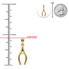 Gold Y-shaped tooth pendant shown with a vertical measurement ruler in millimeters and inches, a 25 mm coin size reference, and a red label indicating 22 mm height.