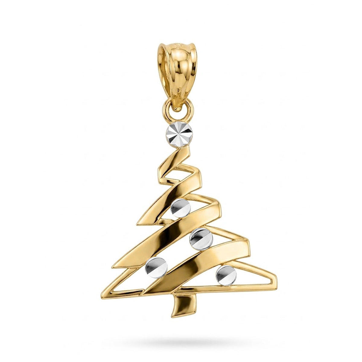 A gold Christmas tree pendant with three clear faceted crystal accents, shown on a clean white background.