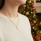A close-up of a woman wearing a delicate gold necklace with a small Christmas tree pendant, styled with a cream knit sweater, with a blurred Christmas tree in the background.