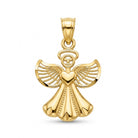 A polished yellow gold angel pendant with outstretched wings, a halo, and a heart-shaped chest, shown on a clean white background.