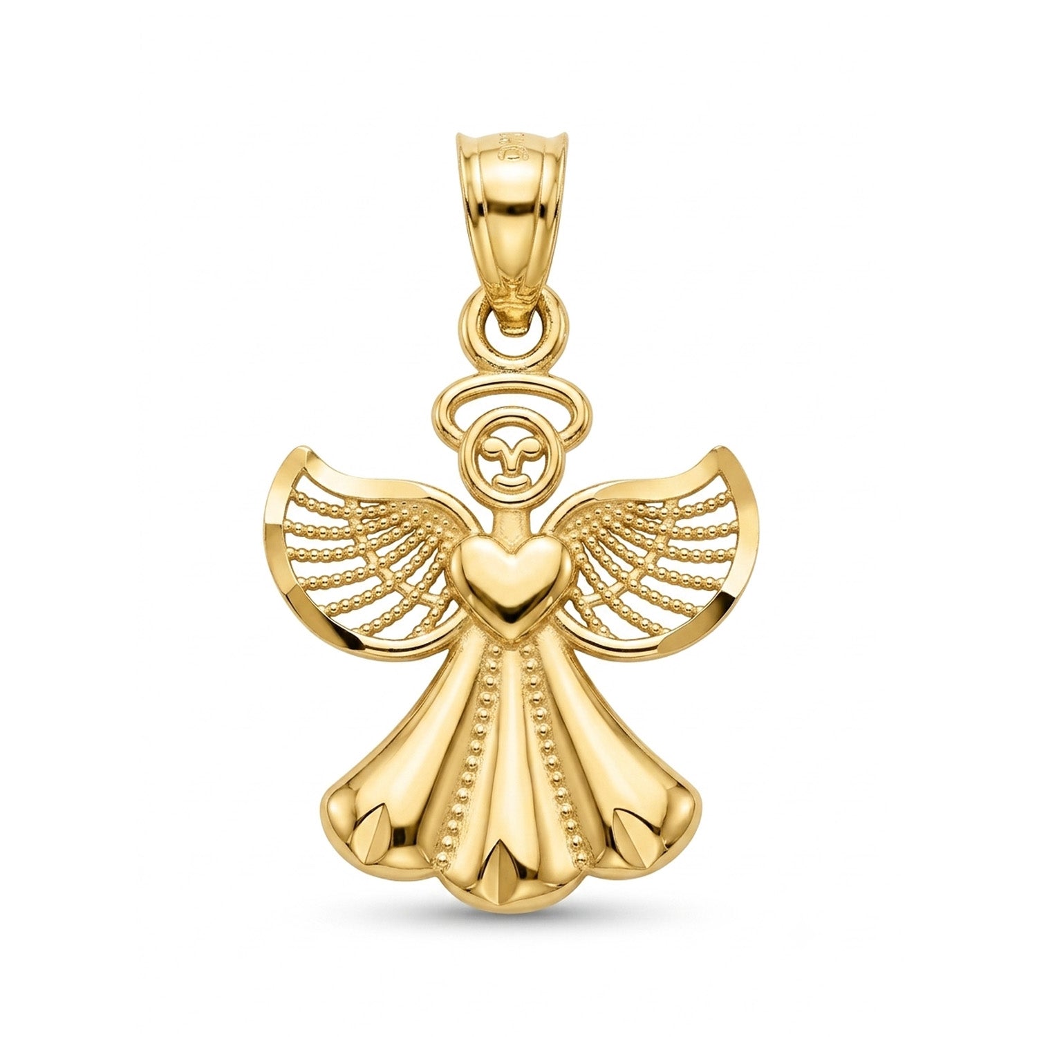 A polished yellow gold angel pendant with outstretched wings, a halo, and a heart-shaped chest, shown on a clean white background.