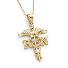 [group:gold-plated] Gold pendant with 'RN' letters and medical symbols on a white background