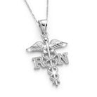 [group:silver] Silver pendant with RN letters, wings, and a snake on a white background