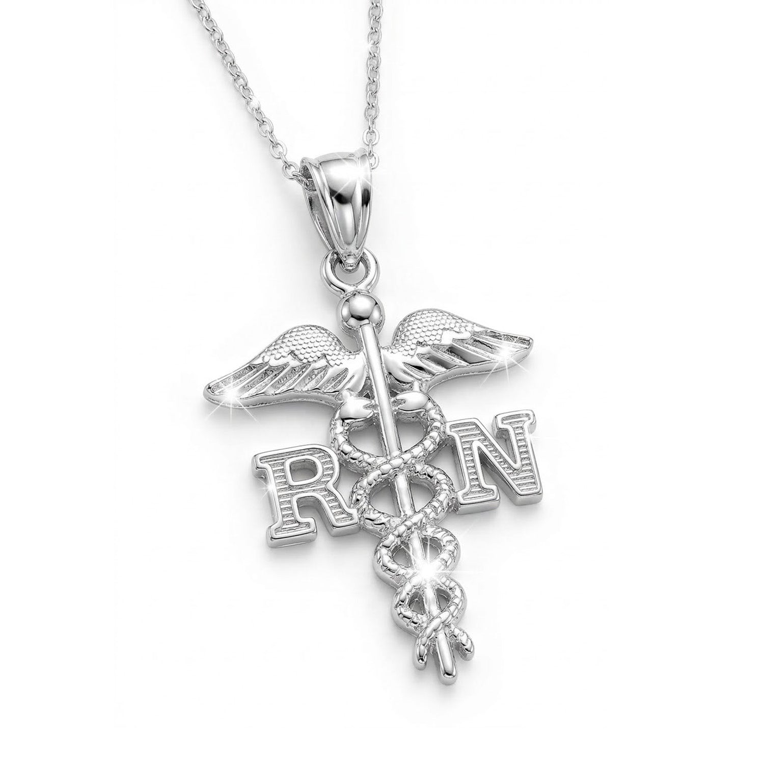 [group:silver] Silver pendant with RN letters, wings, and a snake on a white background