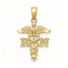 [group: 10k-gold] Gold pendant with RN symbol on a white background