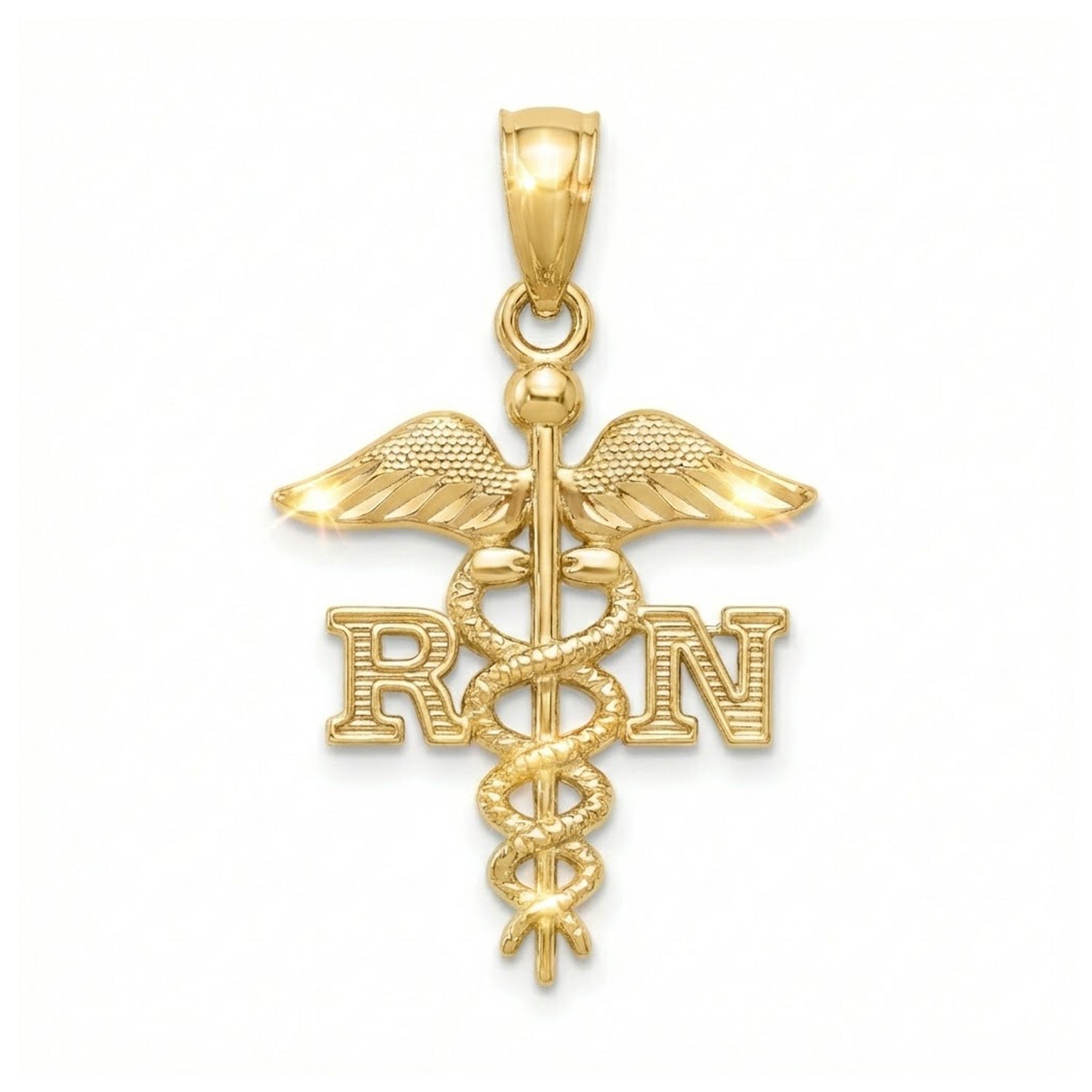[group: 10k-gold] Gold pendant with RN symbol on a white background