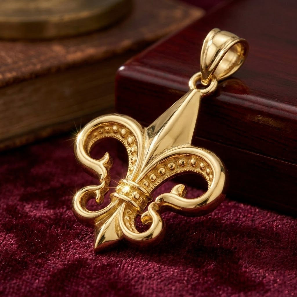 A polished gold fleur-de-lis pendant displayed on a deep burgundy velvet surface next to a dark wooden box.