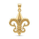 A polished yellow gold fleur-de-lis pendant with a textured beaded scroll design, shown on a clean white background.