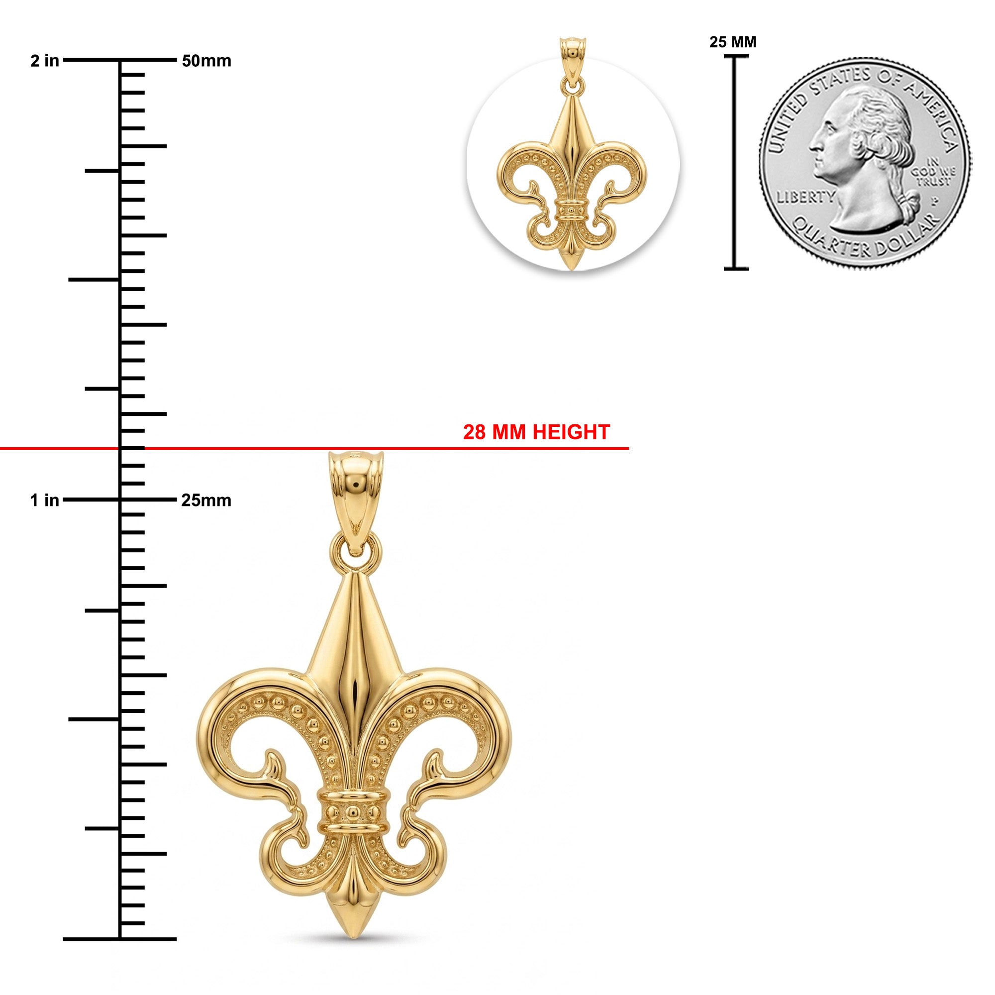 Gold fleur-de-lis pendant shown on a white background with measurement markings indicating 28 mm height, a 1-inch ruler scale, a close-up inset, and a 25 mm coin size reference.