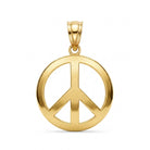 A polished yellow gold peace sign pendant with a smooth, reflective finish, suspended from a matching bail on a solid white background.
