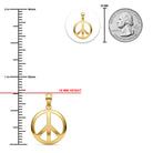 Gold peace sign pendant shown on a white background with measurement markings, a 25 mm height callout, and a quarter coin for scale.