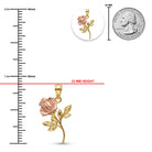 Gold and rose gold rose pendant shown with a 23 mm height measurement, a 25 mm scale marker, a small inset of the pendant in a circle, and a U.S.