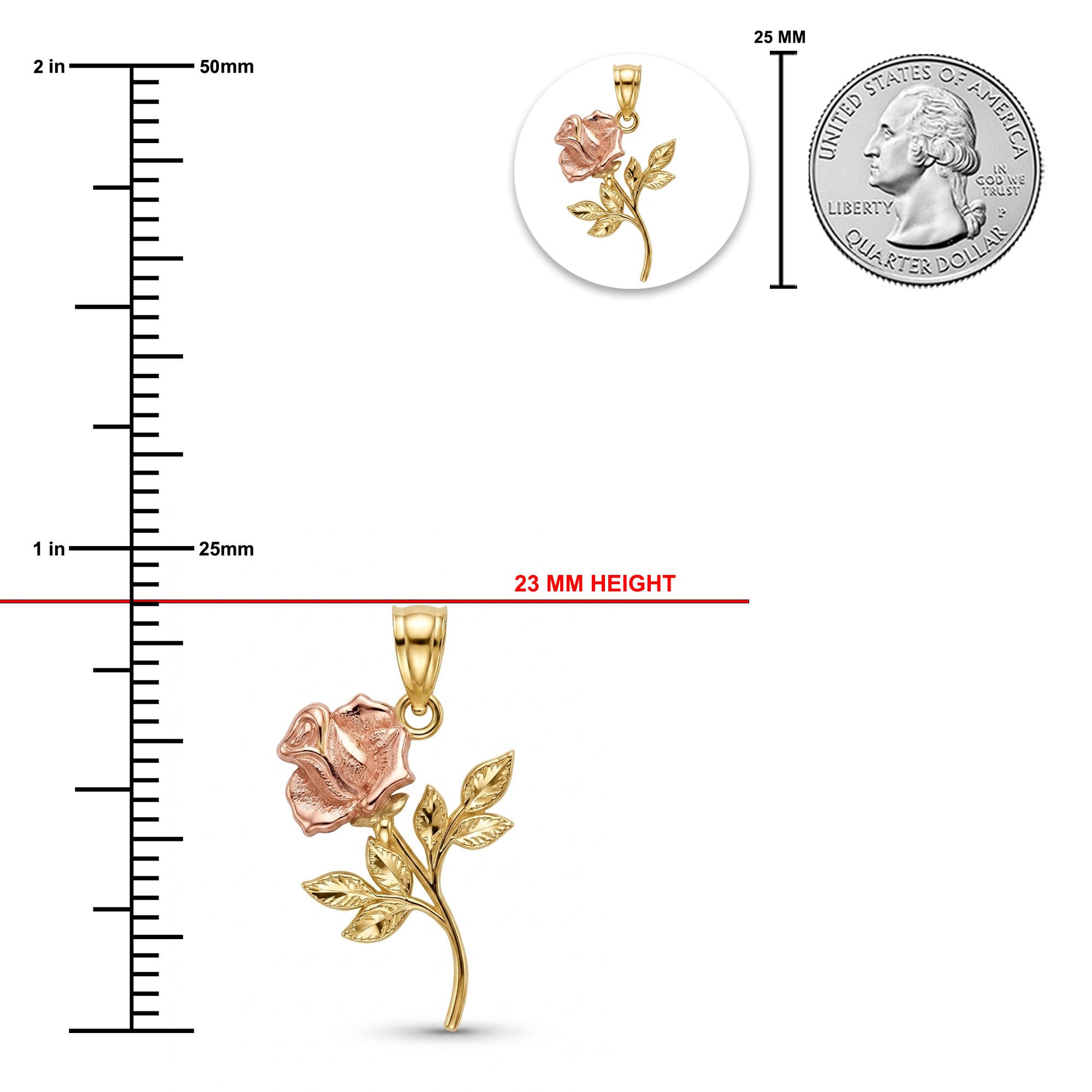 Gold and rose gold rose pendant shown with a 23 mm height measurement, a 25 mm scale marker, a small inset of the pendant in a circle, and a U.S.