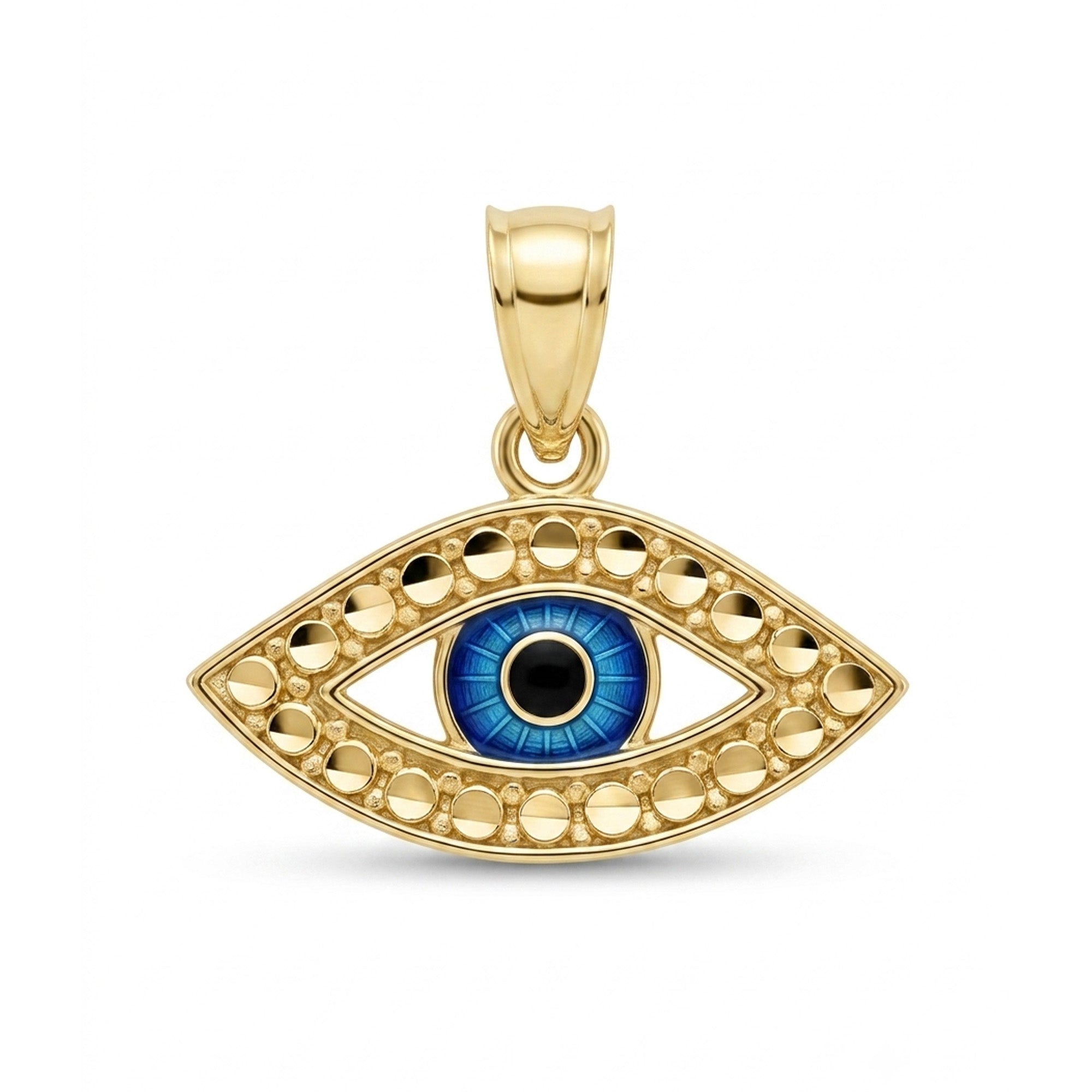 A gold evil eye pendant featuring a blue and black enamel eye in the center, surrounded by small gold dots, on a plain white background.