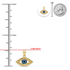 Gold eye-of-providence pendant with a blue and black evil eye center, shown with measurement markings indicating 13 mm height, a 25 mm coin for scale, and a small inset of the pendant on a white background.