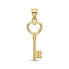 A polished yellow gold key pendant with a heart-shaped keyhole, shown on a clean white background.