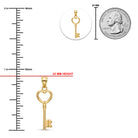 Gold key pendant shown with a 22 mm height measurement, a 25 mm US quarter coin for scale, and a top-down view on a white background.