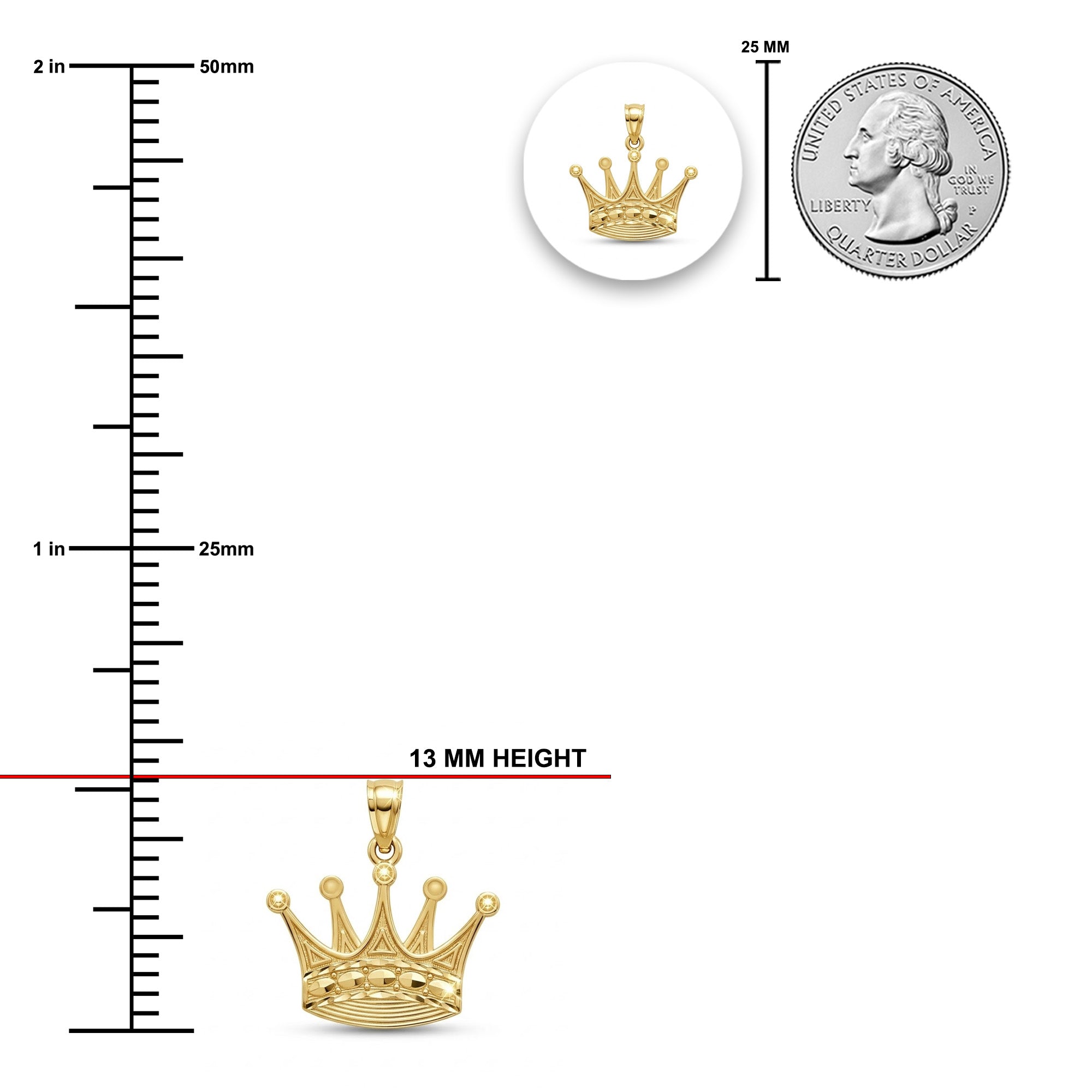 [group: small]Gold crown pendant shown with a measurement ruler, a 25 mm coin size reference, and a red line indicating 13 mm height on a white background.