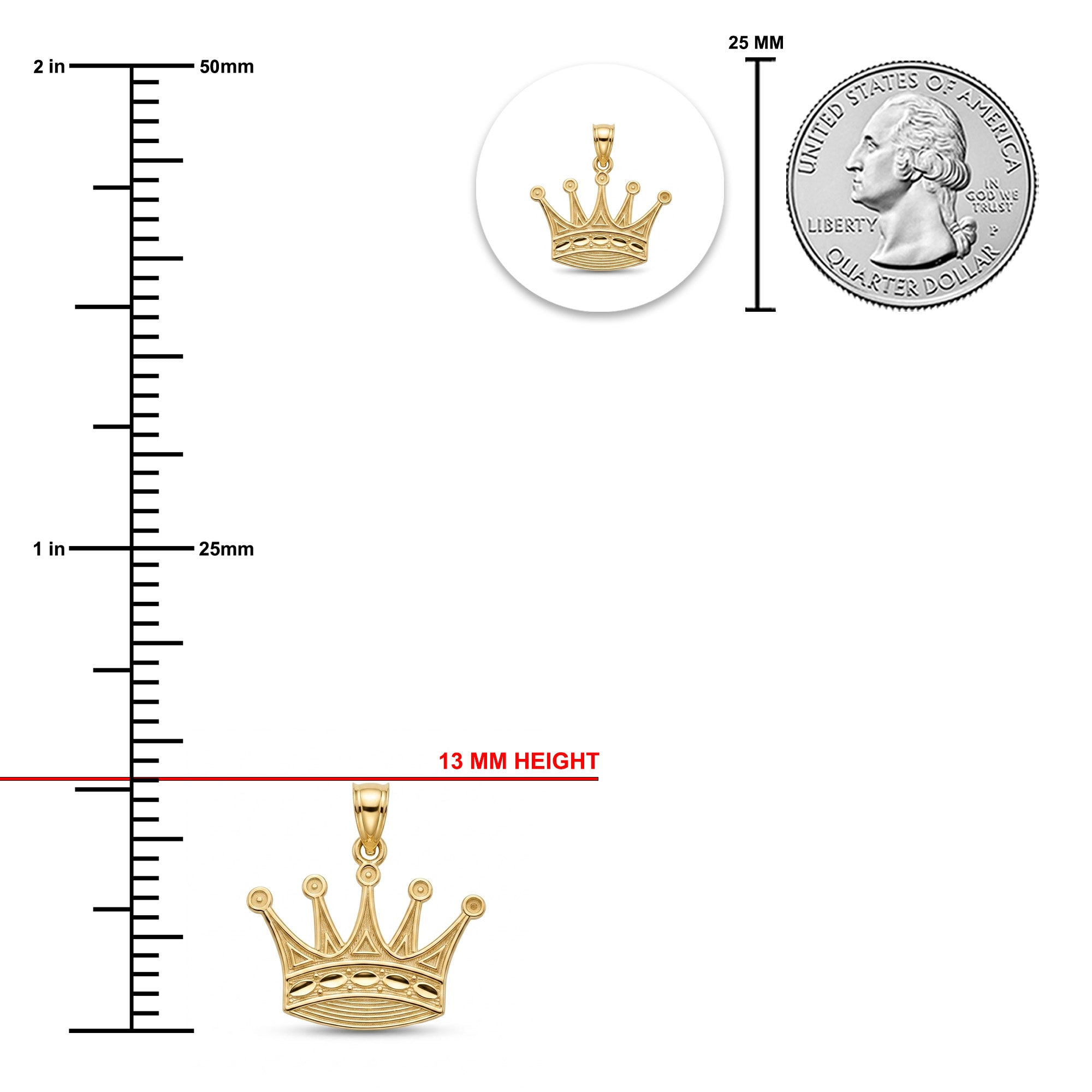 [group: small] Gold crown pendant shown on a white background with a vertical ruler indicating 13 mm height, a small inset of the pendant, and a U.S.