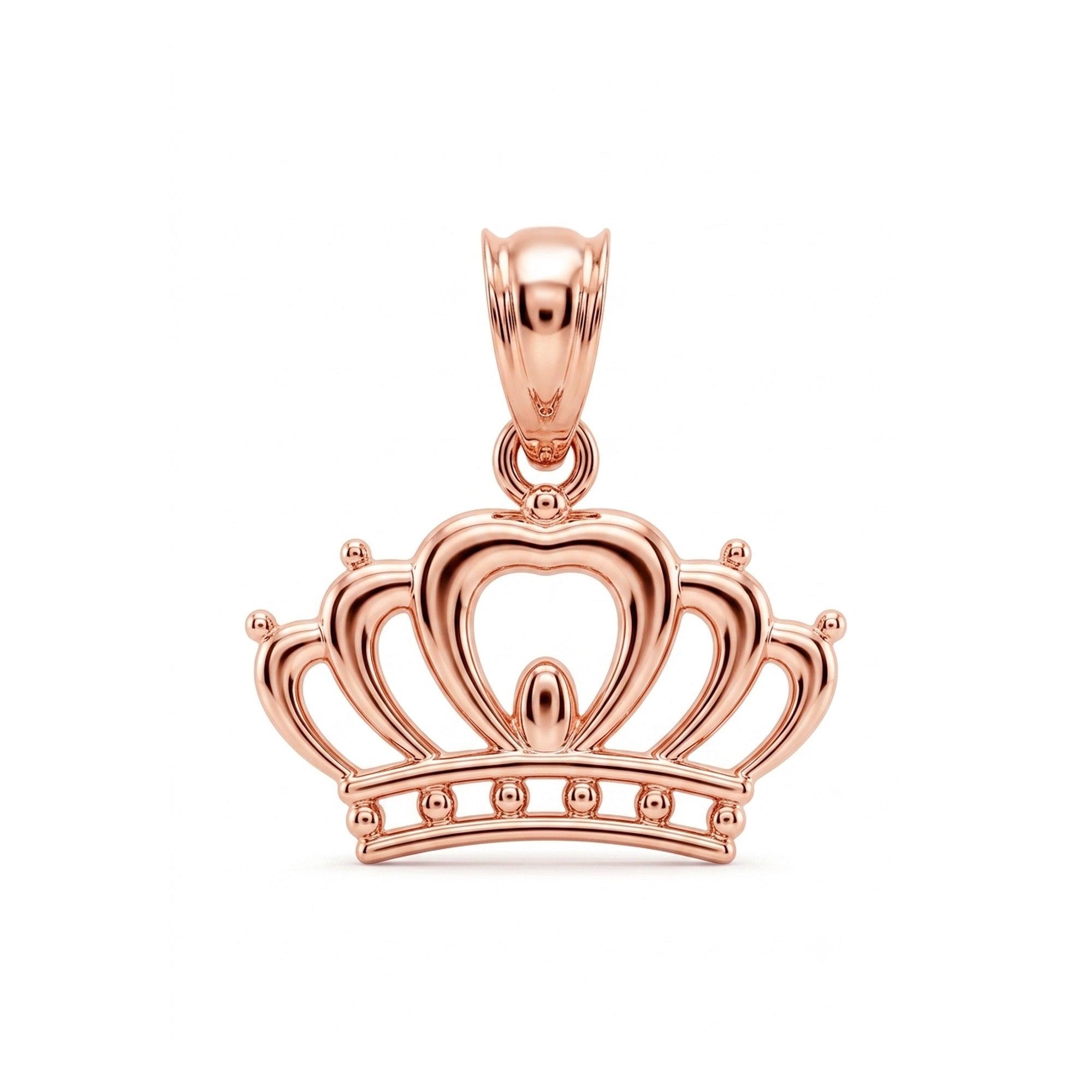 [group: rose]A rose gold crown pendant with a polished finish, featuring an openwork design with a heart-shaped center and a decorative bail at the top, shown on a plain white background.