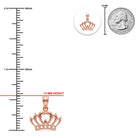 [group: rose]Rose gold crown pendant size measurement graphic on a white background, showing a 14 mm height measurement with a ruler scale, a 25 mm width measurement, a circular inset of the pendant, and a U.S.