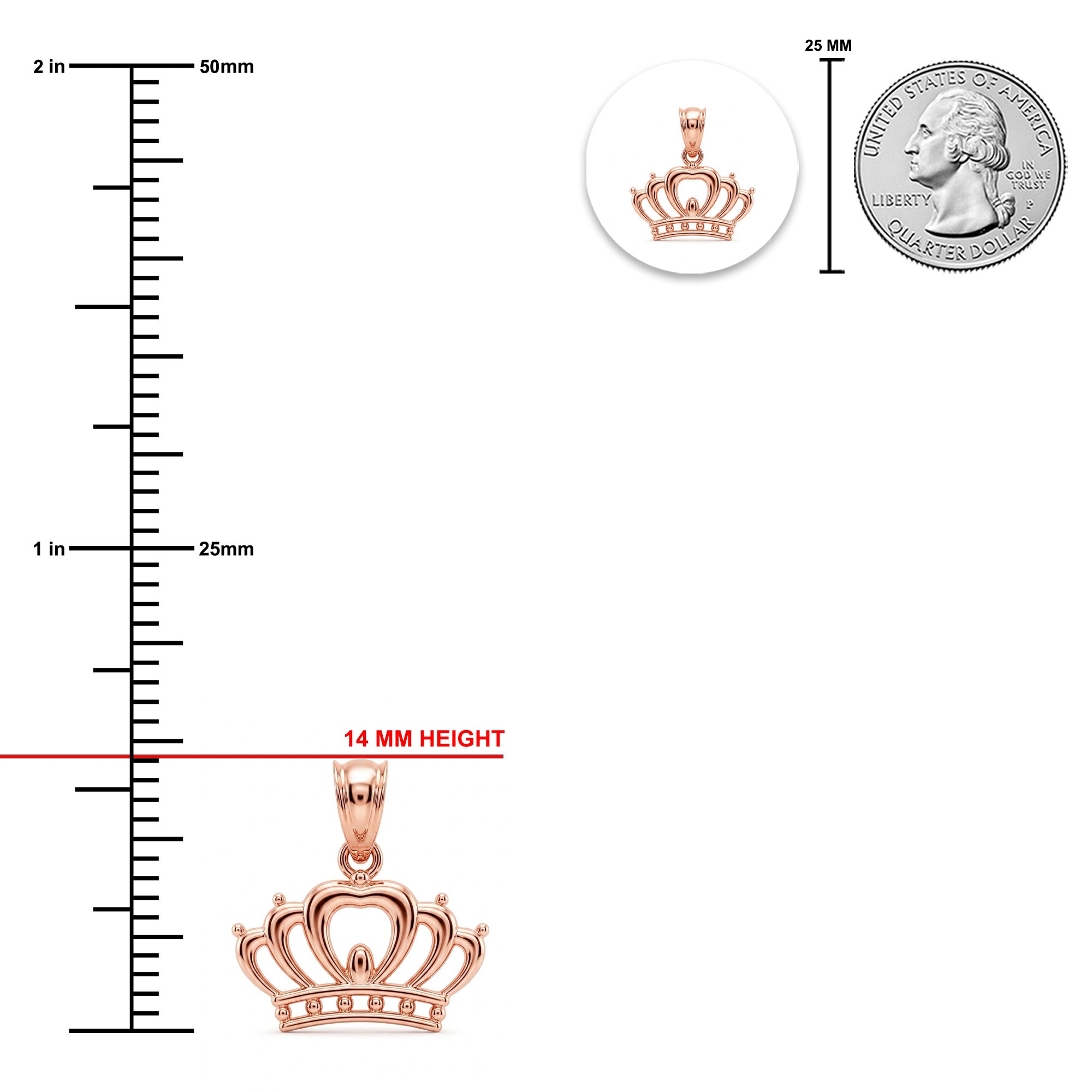 [group: rose]Rose gold crown pendant size measurement graphic on a white background, showing a 14 mm height measurement with a ruler scale, a 25 mm width measurement, a circular inset of the pendant, and a U.S.