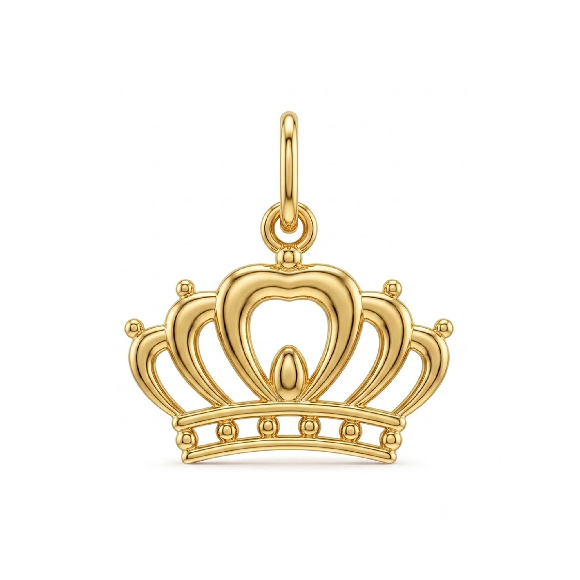 [group: yellow] A polished yellow gold crown pendant with a central heart-shaped cutout and a top loop, shown on a plain white background.