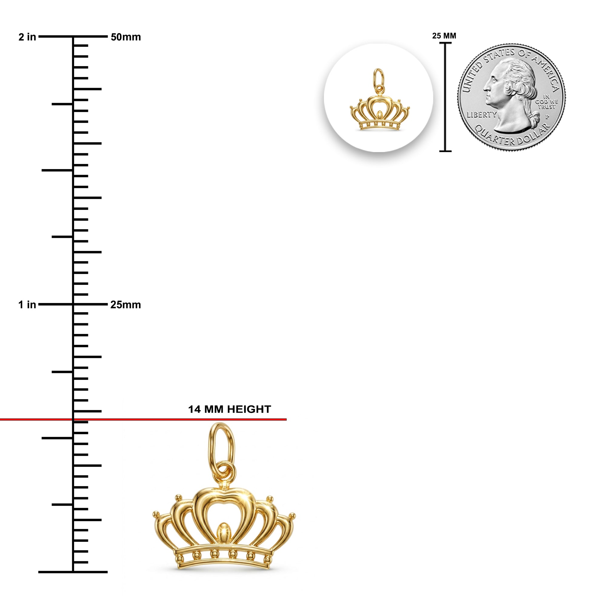 [group: yellow]Gold crown pendant shown with measurement markings, including a 14 mm height callout and a 25 mm coin-size reference on a white background.