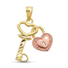 A heart-shaped key and padlock pendant charm in yellow gold and rose gold, featuring a textured lock, on a plain white background.