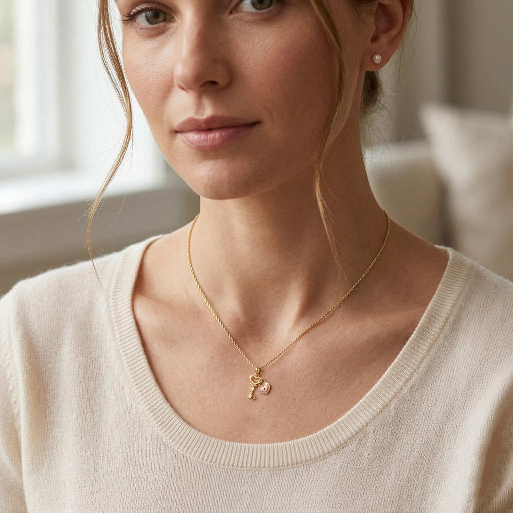 A close-up lifestyle shot of a woman wearing a delicate gold chain necklace with a small initial pendant spelling 'R' and a tiny heart, paired with a cream-colored knit top.