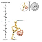 Gold and rose gold key and heart padlock pendant shown on a white background with measurement rulers in inches, a 25 mm height marker, a circular inset of the pendant, and a US quarter coin for scale.