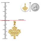 Gold maple leaf pendant engraved with 'CANADA' on a white background, shown with measurement rulers in millimeters and an inset comparison next to a 25 mm coin.
