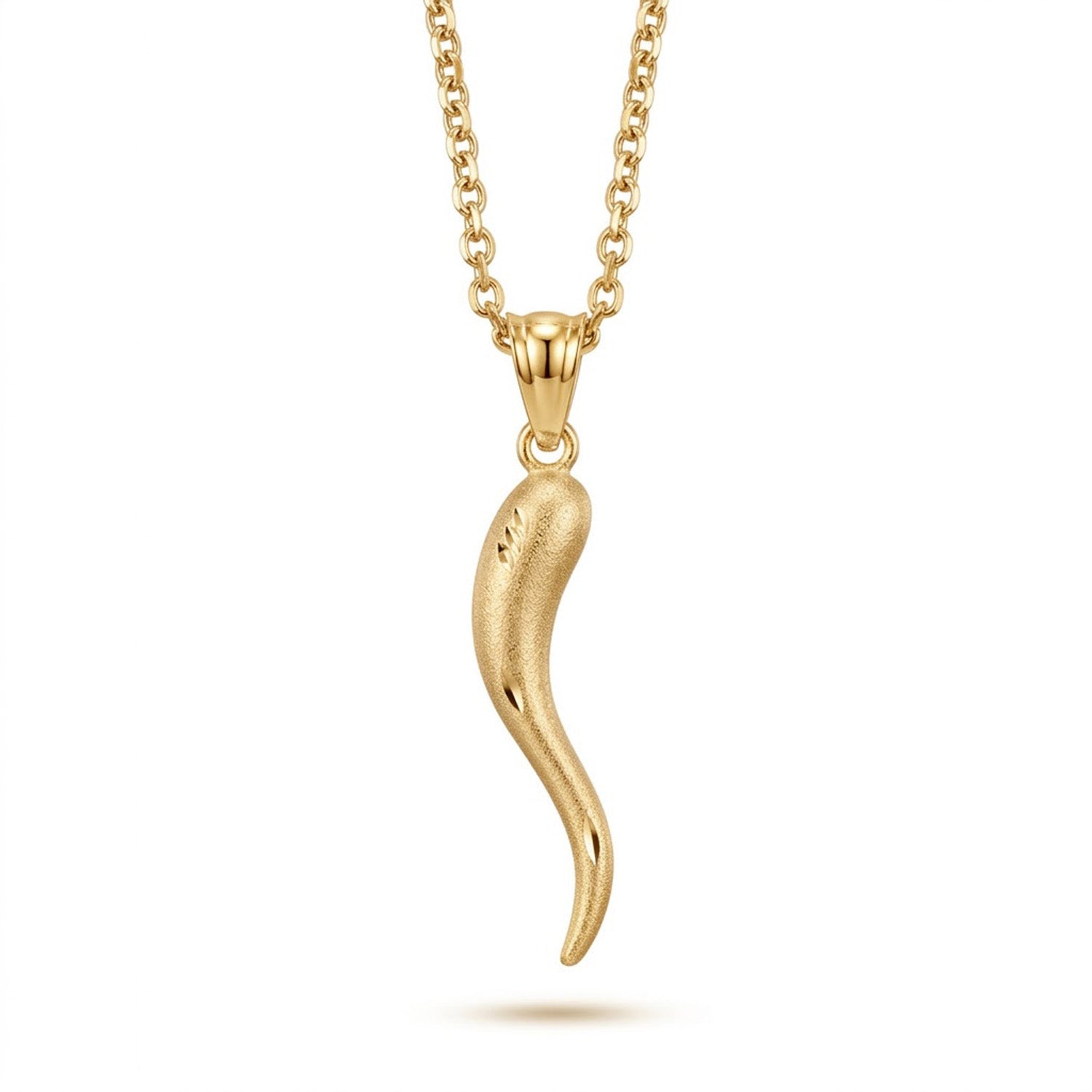 [group:gold-plated]  Gold necklace with Italian horn pendant  on a white background