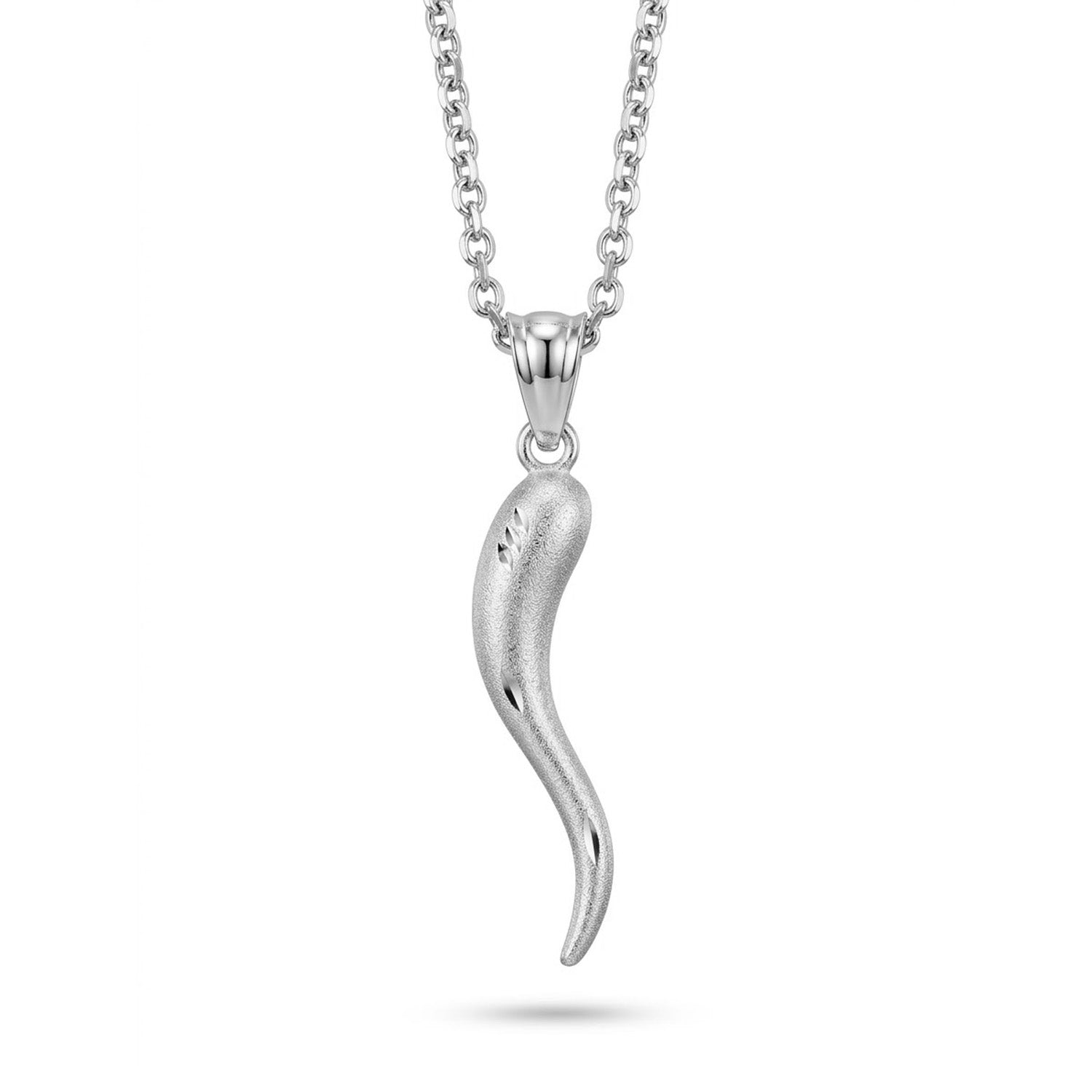 [group:silver] Silver horn-shaped pendant on a chain against a white background
