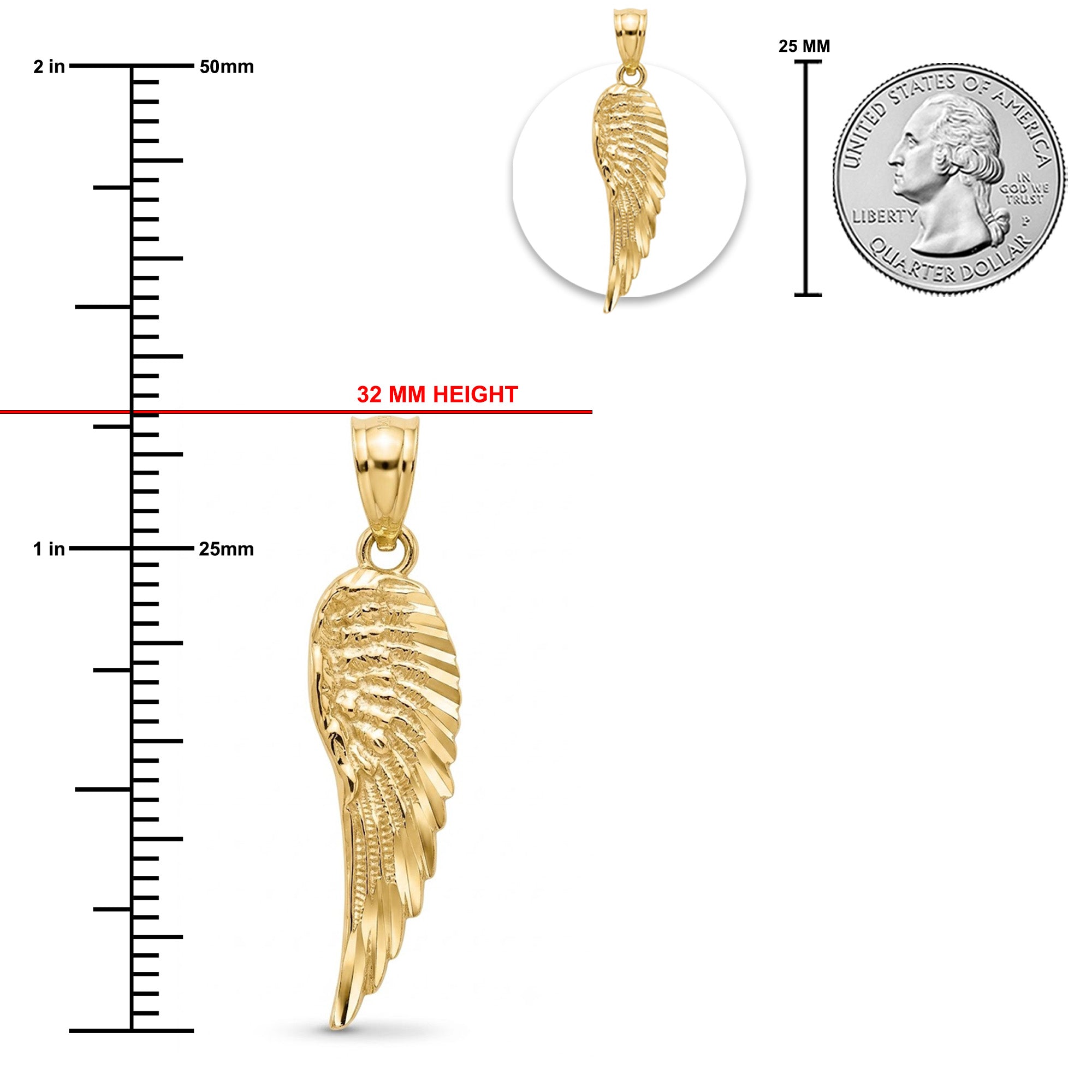 [group: large]Gold angel wing pendant shown with measurement markings, including a 32 mm height indicator, a 25 mm scale bar, a quarter coin for size reference, and a small inset of the pendant on a white background.