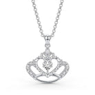 A silver crown pendant necklace adorned with small clear crystals and a central clear gemstone, suspended from a silver link chain against a white background.