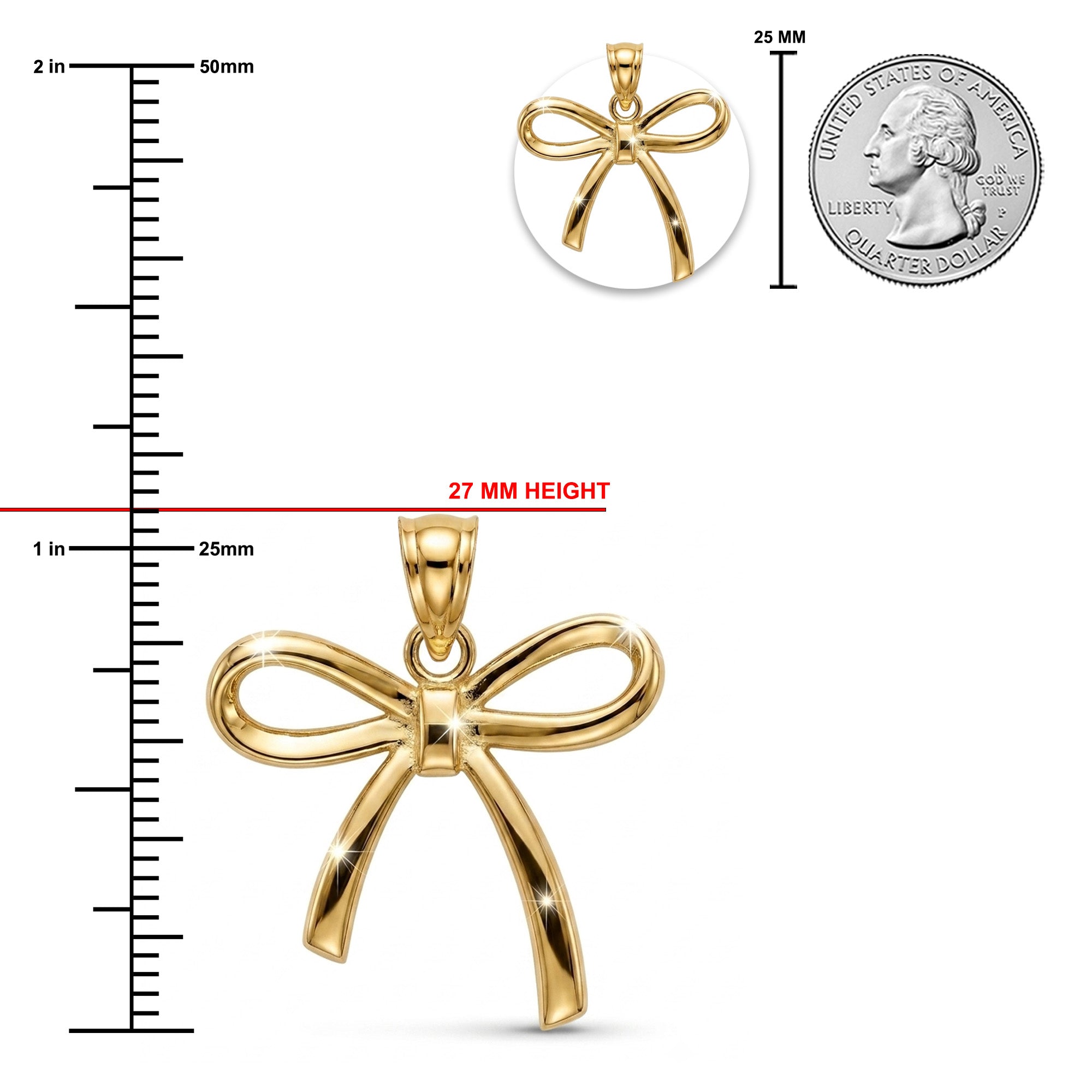 [group: 10k-gold-large] Gold bow-shaped pendant with measurements against a white background