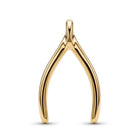A polished yellow gold wishbone charm pendant, resembling a wishbone, shown on a clean white background with a soft shadow underneath.