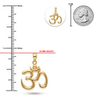 [group:10k-gold]Gold Om pendant shown with measurement markings, a 22 mm height indicator, a circular inset of the pendant alone, and a US quarter coin for scale on a white background.