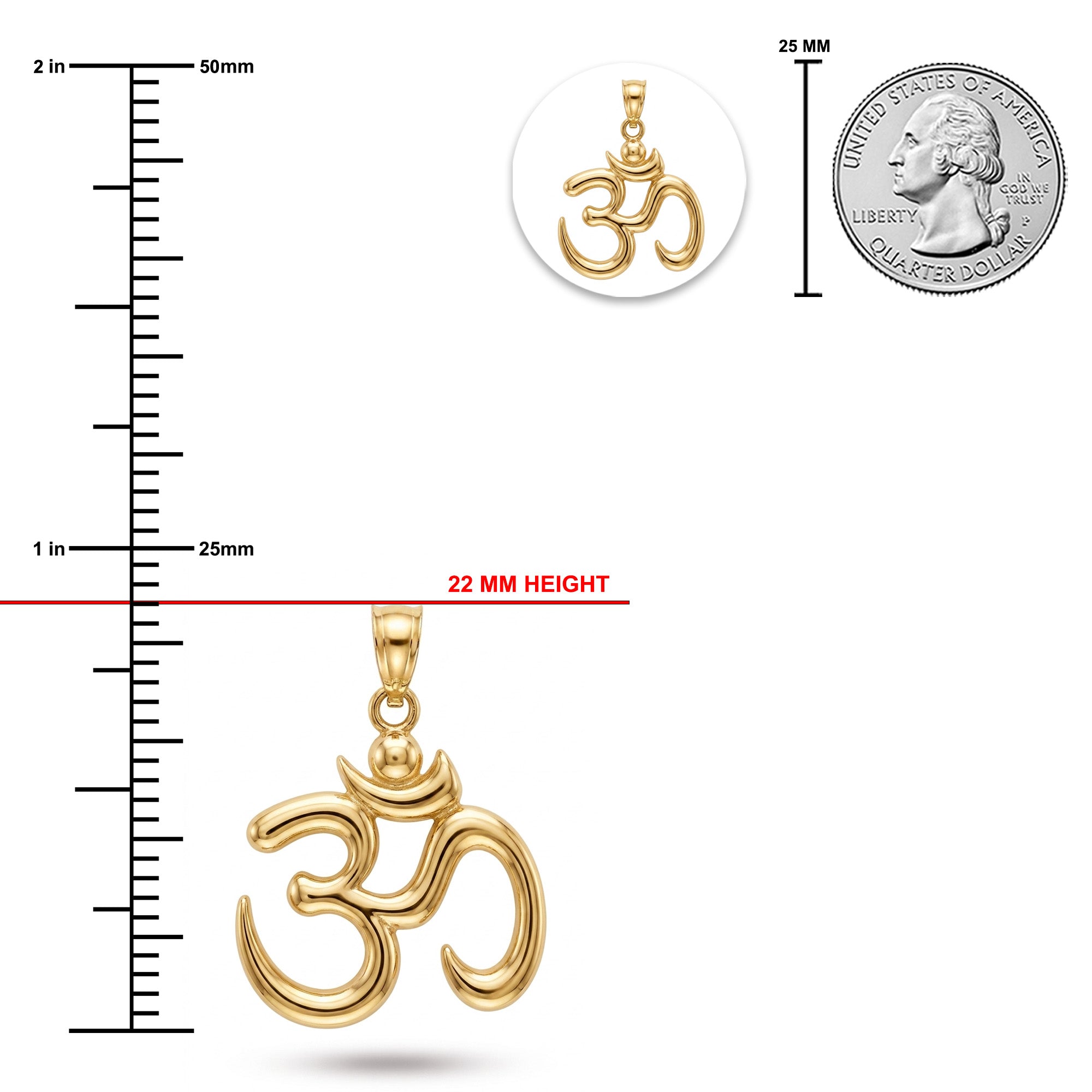 [group:10k-gold]Gold Om pendant shown with measurement markings, a 22 mm height indicator, a circular inset of the pendant alone, and a US quarter coin for scale on a white background.