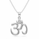 [group: silver]A sterling silver Om pendant necklace on a delicate link chain, shown against a plain white background.