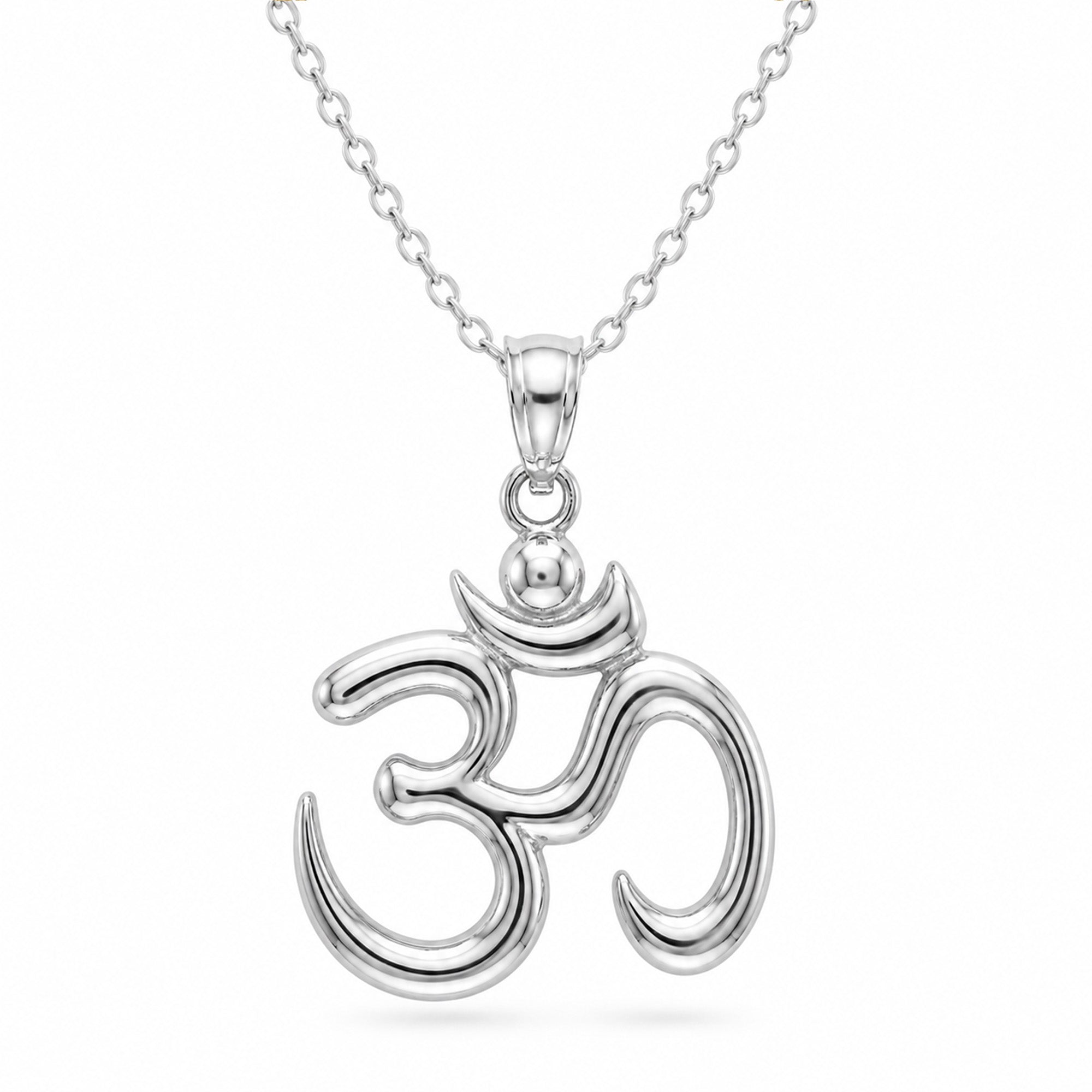 [group: silver]A sterling silver Om pendant necklace on a delicate link chain, shown against a plain white background.