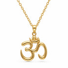 [group: gold-plated] A gold Om pendant necklace on a delicate gold chain, shown against a plain white background.