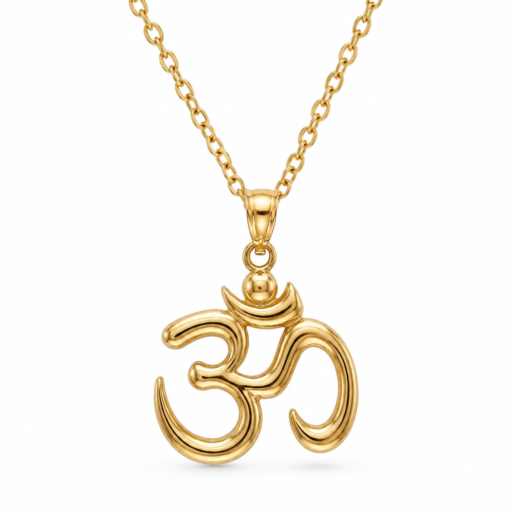 [group: gold-plated] A gold Om pendant necklace on a delicate gold chain, shown against a plain white background.