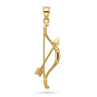 [group: small]A polished yellow gold pendant shaped like a bow and arrow, shown on a clean white background with a soft shadow underneath.