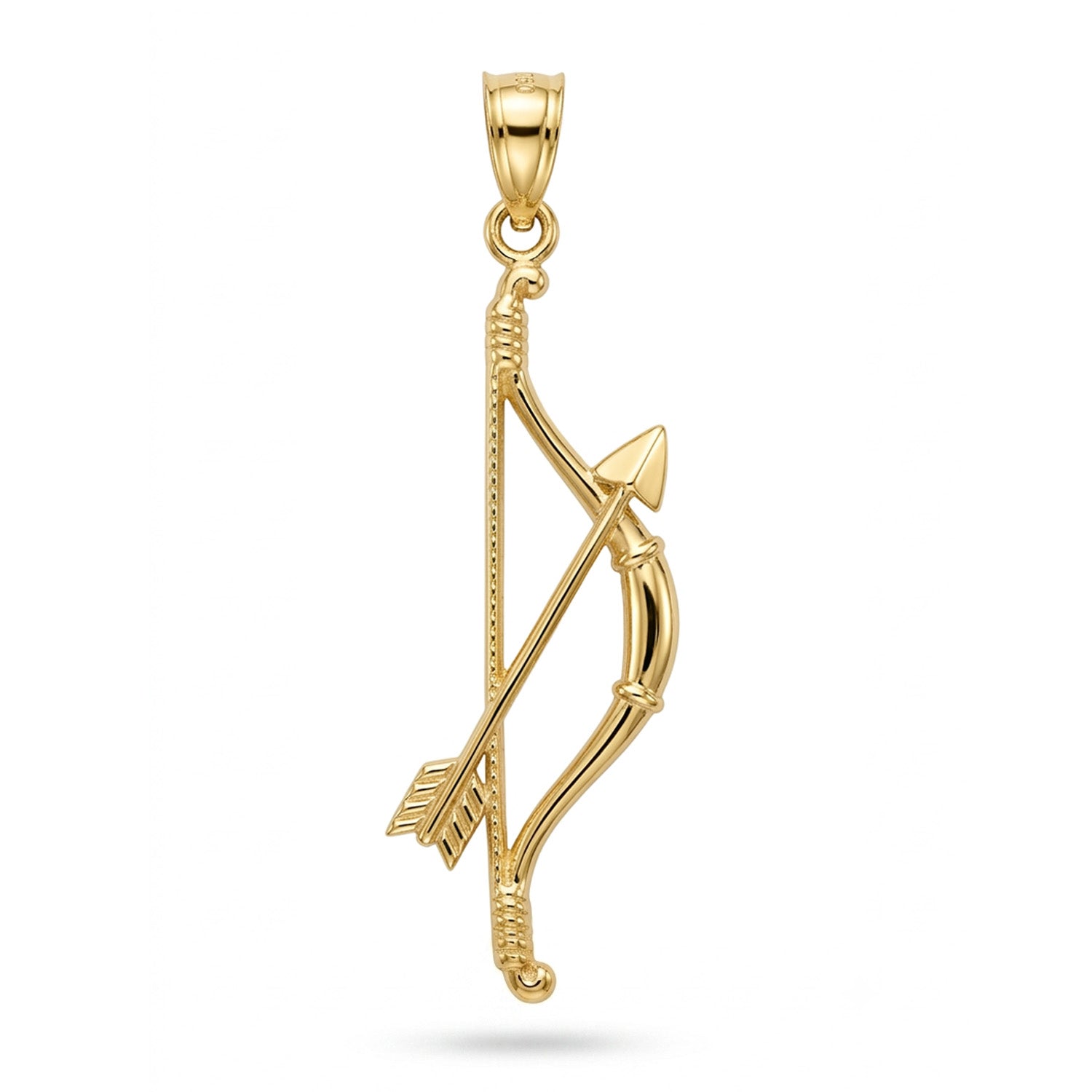 [group: large] A polished yellow gold pendant shaped like a bow and arrow, shown on a clean white background with a soft shadow underneath.