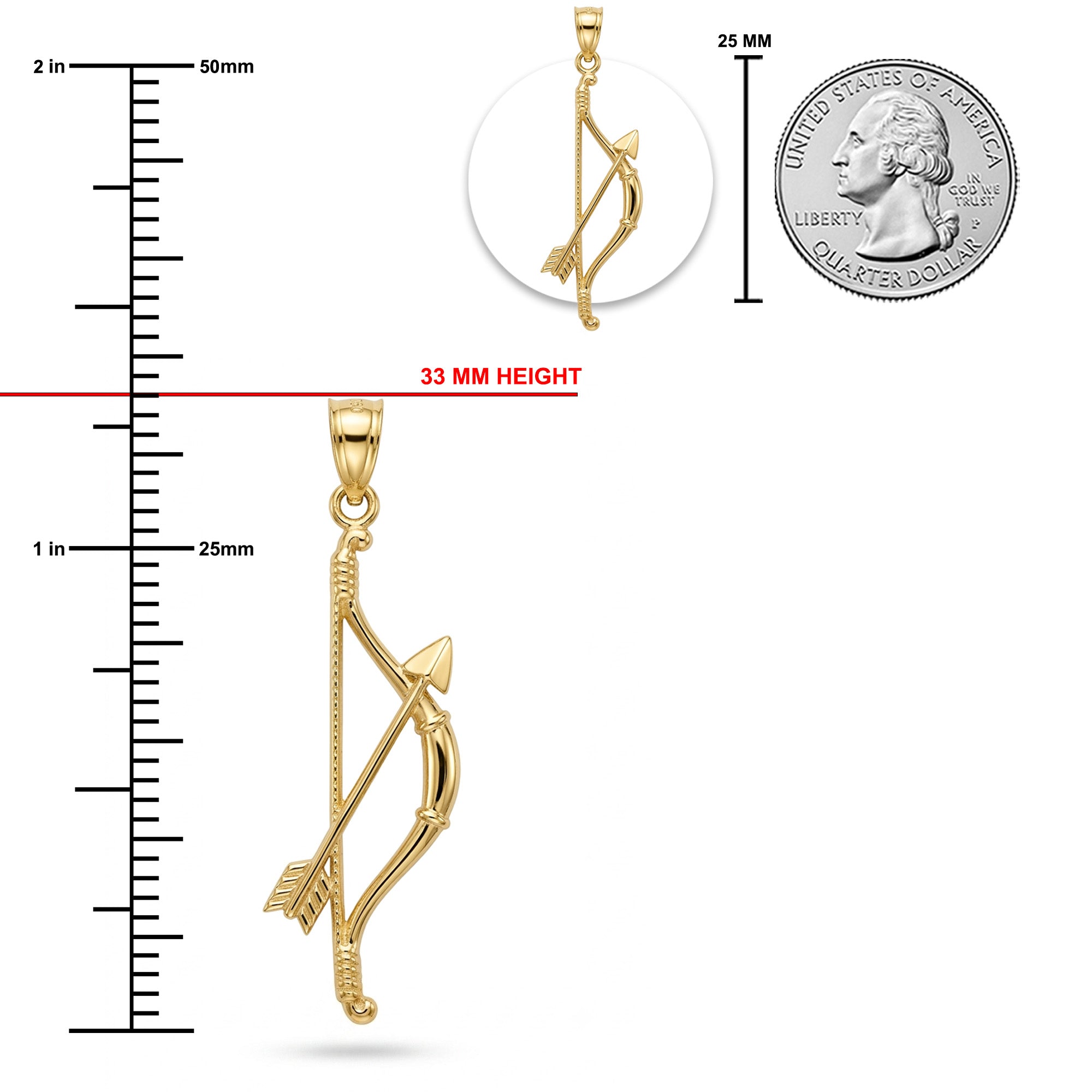 [group: large]Gold bow and arrow pendant shown on a white background with measurement guides: a vertical ruler in centimeters and inches, a small inset circle, and a U.S.